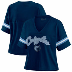 Navy Memphis Grizzlies WEAR by Erin Andrews Women's Color Block Boxy V-Neck T-Shirt | NBA