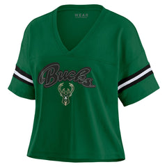 Hunter Green Milwaukee Bucks WEAR by Erin Andrews Women's Plus Size Color Block Boxy V-Neck T-Shirt | NBA