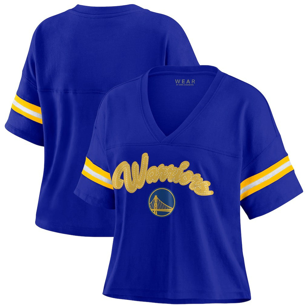 Royal Golden State Warriors WEAR by Erin Andrews Women's Plus Size Color Block Boxy V-Neck T-Shirt sale | NBA