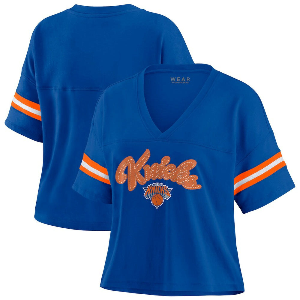 Blue New York Knicks WEAR by Erin Andrews Women's Plus Size Color Block Boxy V-Neck T-Shirt | NBA