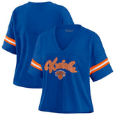 Blue New York Knicks WEAR by Erin Andrews Women's Plus Size Color Block Boxy V-Neck T-Shirt | NBA