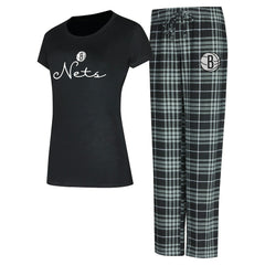 Black/Gray Brooklyn Nets Concepts Sport Women's Vector Top & Flannel Pants Sleep Set | NBA