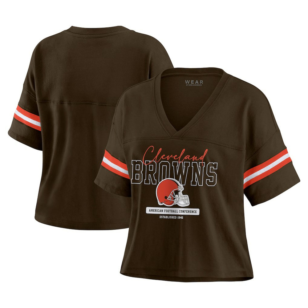 Cleveland Browns WEAR by Erin Andrews Women's Color Block Boxy Modest Crop V-Neck T-Shirt | NFL On sale