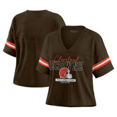 Cleveland Browns WEAR by Erin Andrews Women's Color Block Boxy Modest Crop V-Neck T-Shirt | NFL On sale