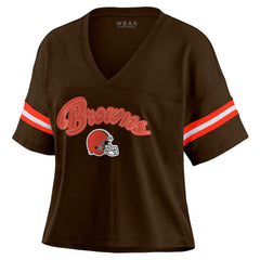 Cleveland Browns WEAR by Erin Andrews Women's Color Block Boxy Modest Crop V-Neck T-Shirt | NFL On sale