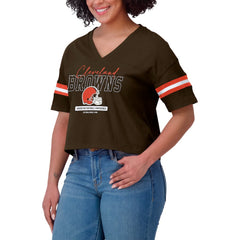 Cleveland Browns WEAR by Erin Andrews Women's Color Block Boxy Modest Crop V-Neck T-Shirt | NFL On sale