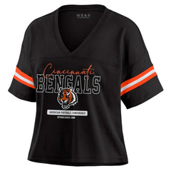 Cincinnati Bengals WEAR by Erin Andrews Women's Color Block Boxy Modest Crop V-Neck T-Shirt | NFL Near me