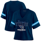 Tennessee Titans WEAR by Erin Andrews Women's Color Block Boxy Modest Crop V-Neck T-Shirt | NFL Sale