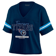 Tennessee Titans WEAR by Erin Andrews Women's Color Block Boxy Modest Crop V-Neck T-Shirt | NFL Sale