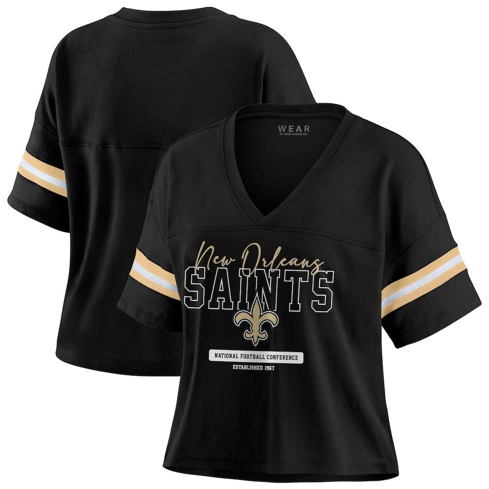 New Orleans Saints WEAR by Erin Andrews Women's Color Block Boxy Modest Crop V-Neck T-Shirt | NFL Hot
