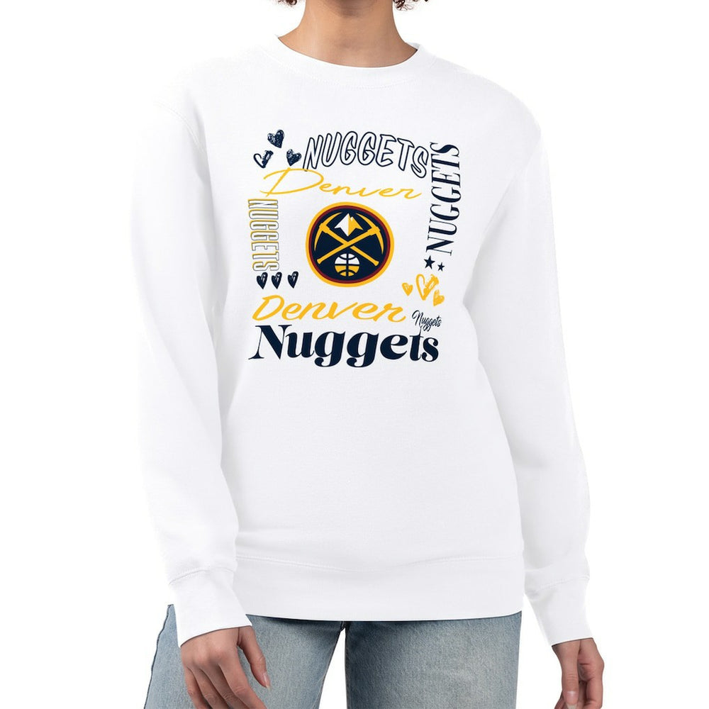 White Denver Nuggets G-III 4Her by Carl Banks Women's Collage Team Graphic Fleece Pullover Sweatshirt sale | NBA