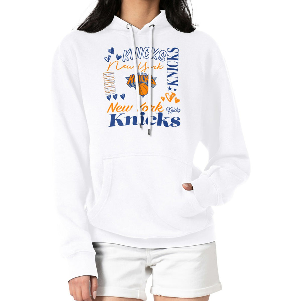 White New York Knicks G-III 4Her by Carl Banks Women's Team Collage Graphic Fleece Pullover Hoodie | NBA