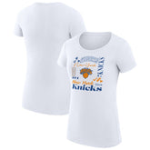White New York Knicks G-III 4Her by Carl Banks Women's Super-Slim Fit Lightweight Team Name Collage Graphic T-Shirt | NBA