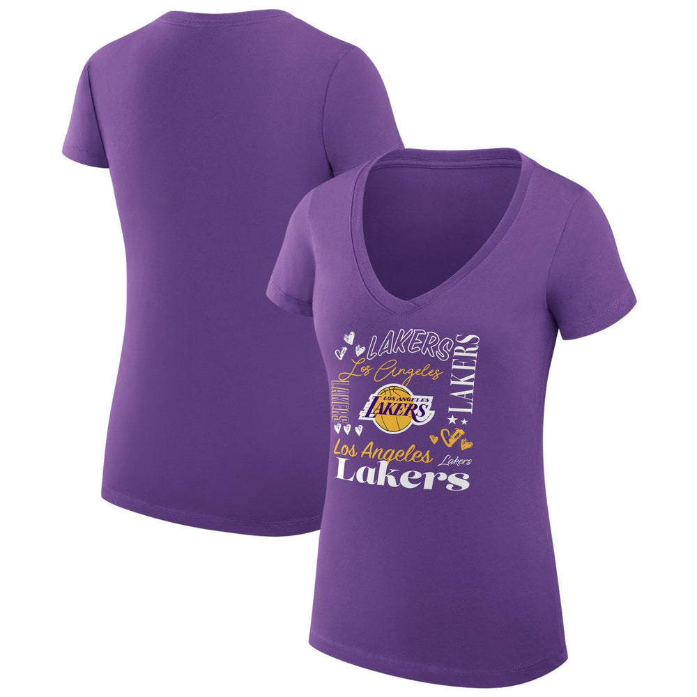 Purple Los Angeles Lakers G-III 4Her by Carl Banks Women's Super-Slim Fit Lightweight Team Name Collage Graphic V-Neck T-Shirt | NBA