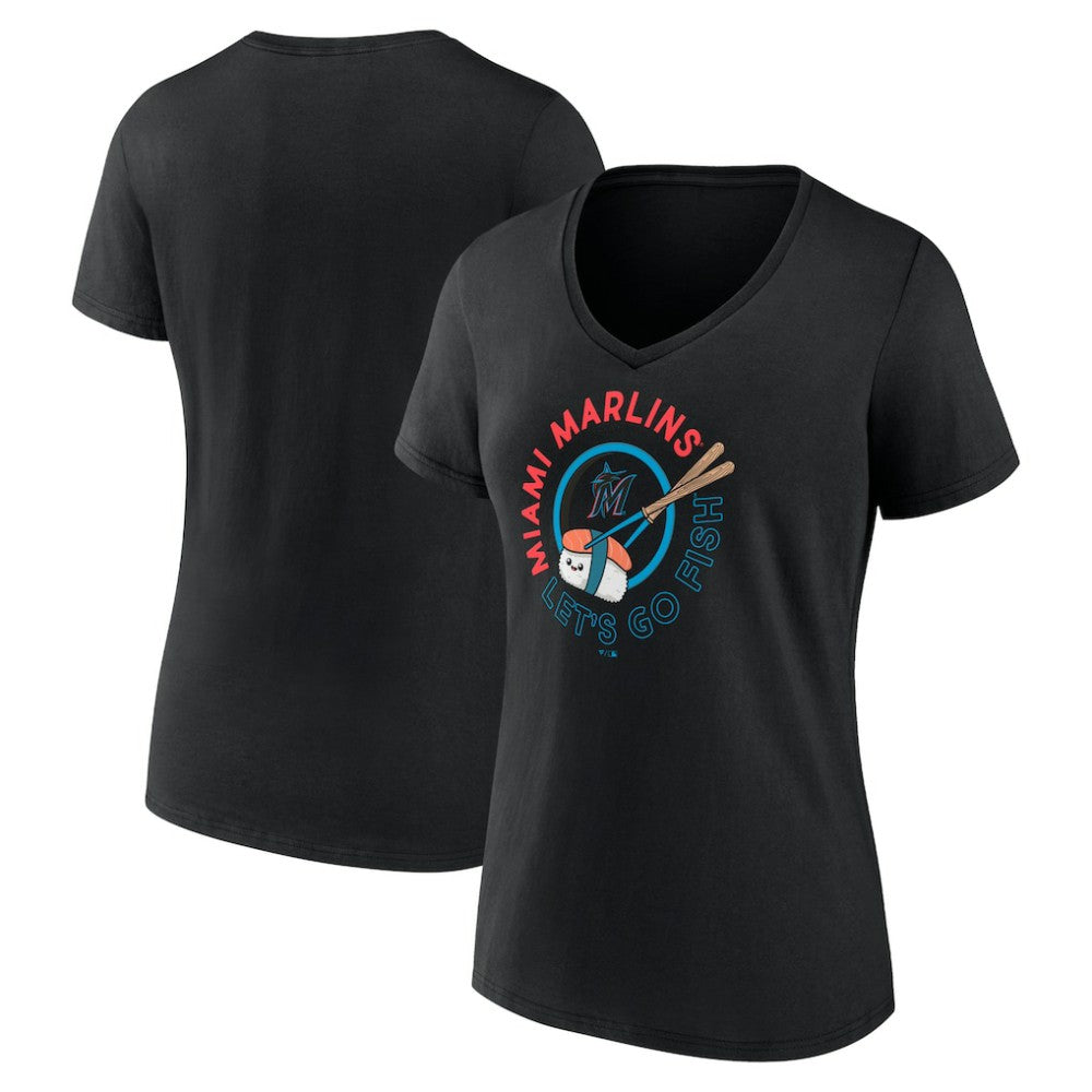 Miami Marlins Women's Let's Go Fish V-Neck T-Shirt - MLB T-shirts
