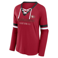San Francisco 49ers Women's Plus Size Won & Done Lace-Up V-Neck Long Sleeve T-Shirt | NFL US
