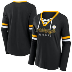 Pittsburgh Steelers Women's Plus Size Won & Done Lace-Up V-Neck Long Sleeve T-Shirt | NFL Hot