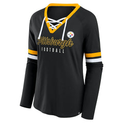 Pittsburgh Steelers Women's Plus Size Won & Done Lace-Up V-Neck Long Sleeve T-Shirt | NFL Hot