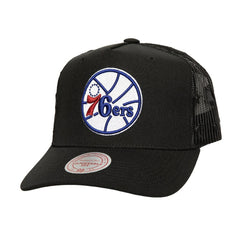 Black Philadelphia 76ers Monogram Allover Logo Mesh Trucker Adjustable Hat | NBA