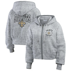 New Orleans Saints WEAR by Erin Andrews Women's Speckled Fleece Cropped Full-Zip Hoodie | NFL New
