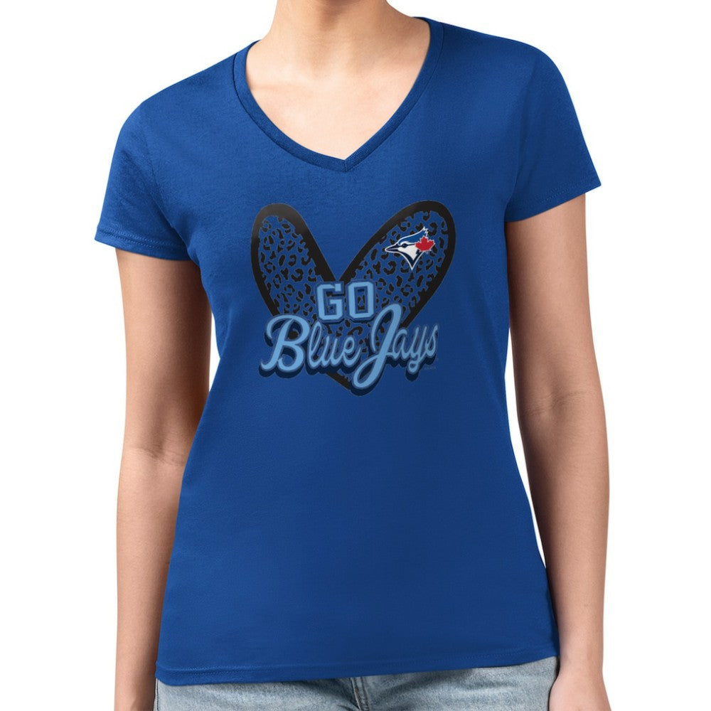 Toronto Blue Jays G-III 4Her by Carl Banks Women's Super-Slim Fit Lightweight Leopard Heart V-Neck T-Shirt - MLB T-shirts