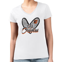 Baltimore Orioles G-III 4Her by Carl Banks Women's Super-Slim Fit Lightweight Leopard Heart V-Neck T-Shirt - MLB T-shirts