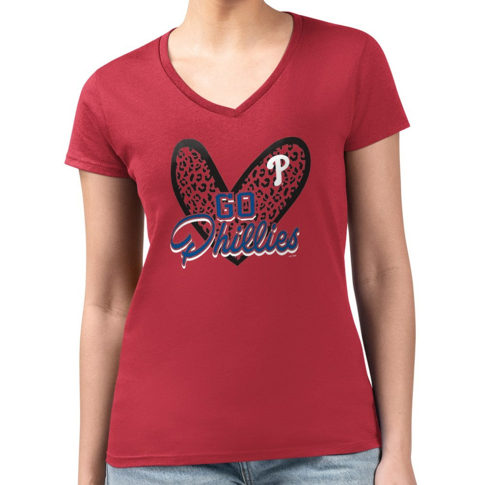 Philadelphia Phillies G-III 4Her by Carl Banks Women's Super-Slim Fit Lightweight Leopard Heart V-Neck T-Shirt - MLB T-shirts