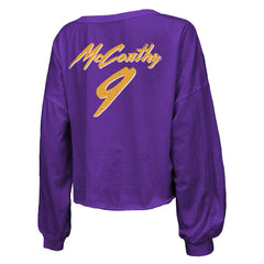 Minnesota Vikings J.J. McCarthy Majestic Threads Women's Name & Number Off-Shoulder Script Cropped Long Sleeve V-Neck T-Shirt | NFL Online