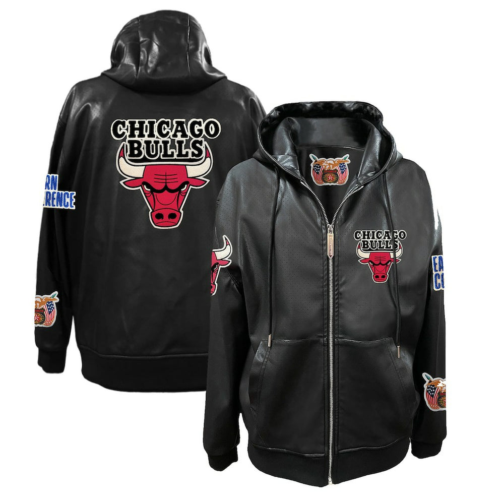 Black Chicago Bulls Jeff Hamilton Vegan Leather Full-Zip Hoodie | NBA
