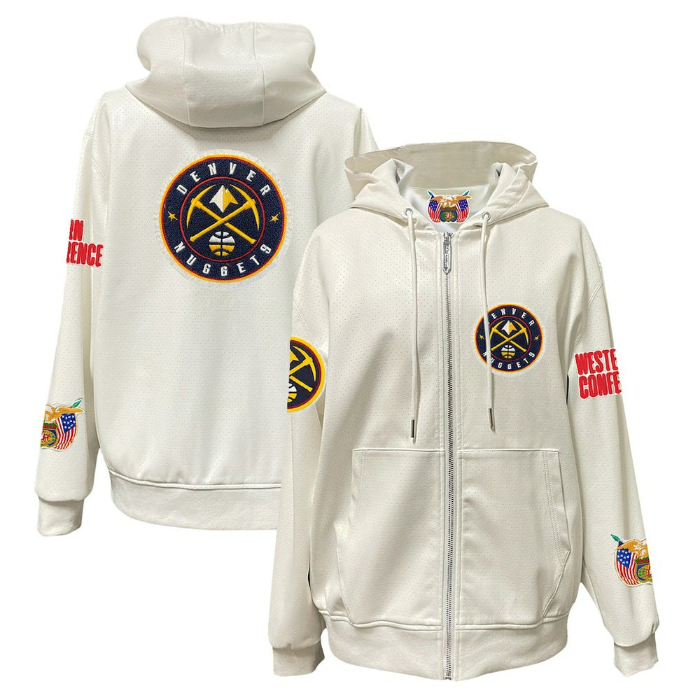 White Denver Nuggets Jeff Hamilton Vegan Leather Full-Zip Hoodie sale | NBA