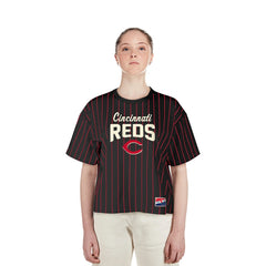 Cincinnati Reds New Era Women's Cooperstown Collection Multiplier Pinstripe Cropped T-Shirt - MLB T-shirts
