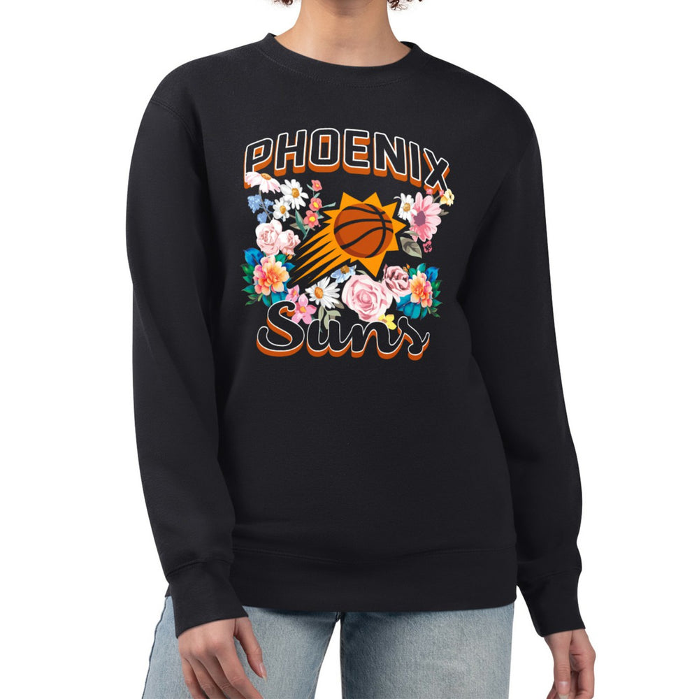 Black Phoenix Suns G-III 4Her by Carl Banks Women's Flowers Team Logo Graphic Fleece Crewneck Pullover Sweatshirt | NBA