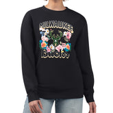 Black Milwaukee Bucks G-III 4Her by Carl Banks Women's Flowers Team Logo Graphic Fleece Crewneck Pullover Sweatshirt | NBA