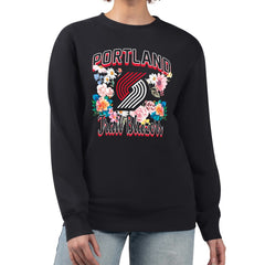 Black Portland Trail Blazers G-III 4Her by Carl Banks Women's Flowers Team Logo Graphic Fleece Crewneck Pullover Sweatshirt | NBA