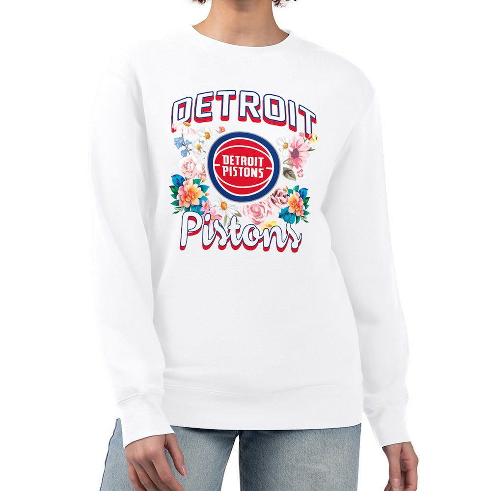 White Detroit Pistons G-III 4Her by Carl Banks Women's Flowers Team Logo Graphic Fleece Crewneck Pullover Sweatshirt sale | NBA
