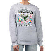 Heather Gray Milwaukee Bucks G-III 4Her by Carl Banks Women's Flowers Team Logo Graphic Fleece Crewneck Pullover Sweatshirt | NBA