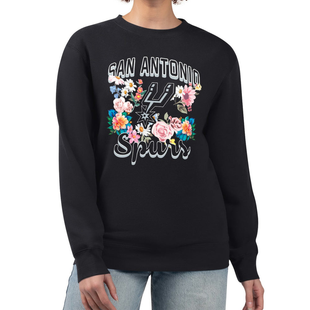 Black San Antonio Spurs G-III 4Her by Carl Banks Women's Flowers Team Logo Graphic Fleece Crewneck Pullover Sweatshirt | NBA