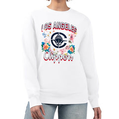 White LA Clippers G-III 4Her by Carl Banks Women's Flowers Team Logo Graphic Fleece Crewneck Pullover Sweatshirt | NBA
