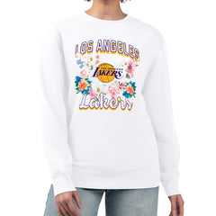 White Los Angeles Lakers G-III 4Her by Carl Banks Women's Flowers Team Logo Graphic Fleece Crewneck Pullover Sweatshirt | NBA