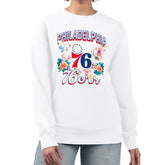 White Philadelphia 76ers G-III 4Her by Carl Banks Women's Flowers Team Logo Graphic Fleece Crewneck Pullover Sweatshirt | NBA