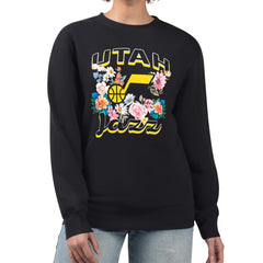 Black Utah Jazz G-III 4Her by Carl Banks Women's Flowers Team Logo Graphic Fleece Crewneck Pullover Sweatshirt | NBA