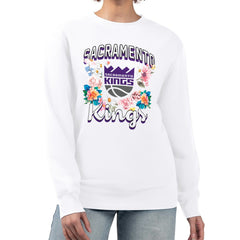White Sacramento Kings G-III 4Her by Carl Banks Women's Flowers Team Logo Graphic Fleece Crewneck Pullover Sweatshirt | NBA