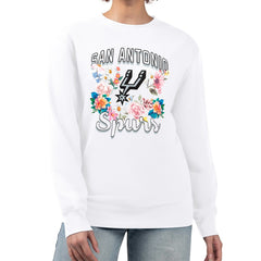 White San Antonio Spurs G-III 4Her by Carl Banks Women's Flowers Team Logo Graphic Fleece Crewneck Pullover Sweatshirt | NBA