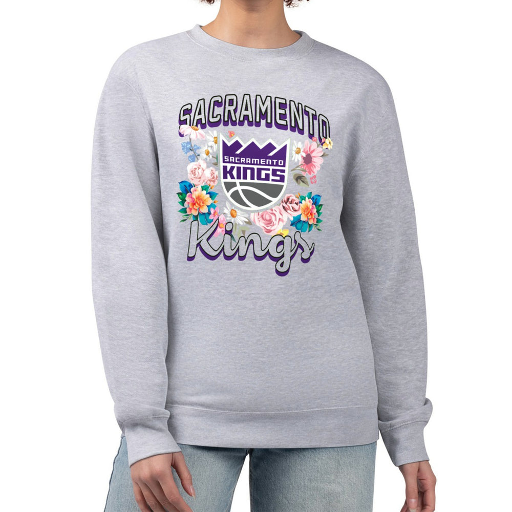 Heather Gray Sacramento Kings G-III 4Her by Carl Banks Women's Flowers Team Logo Graphic Fleece Crewneck Pullover Sweatshirt | NBA