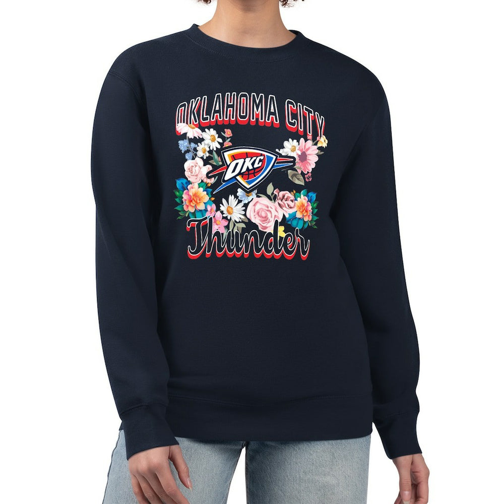 Navy Oklahoma City Thunder G-III 4Her by Carl Banks Women's Flowers Team Logo Graphic Fleece Crewneck Pullover Sweatshirt | NBA