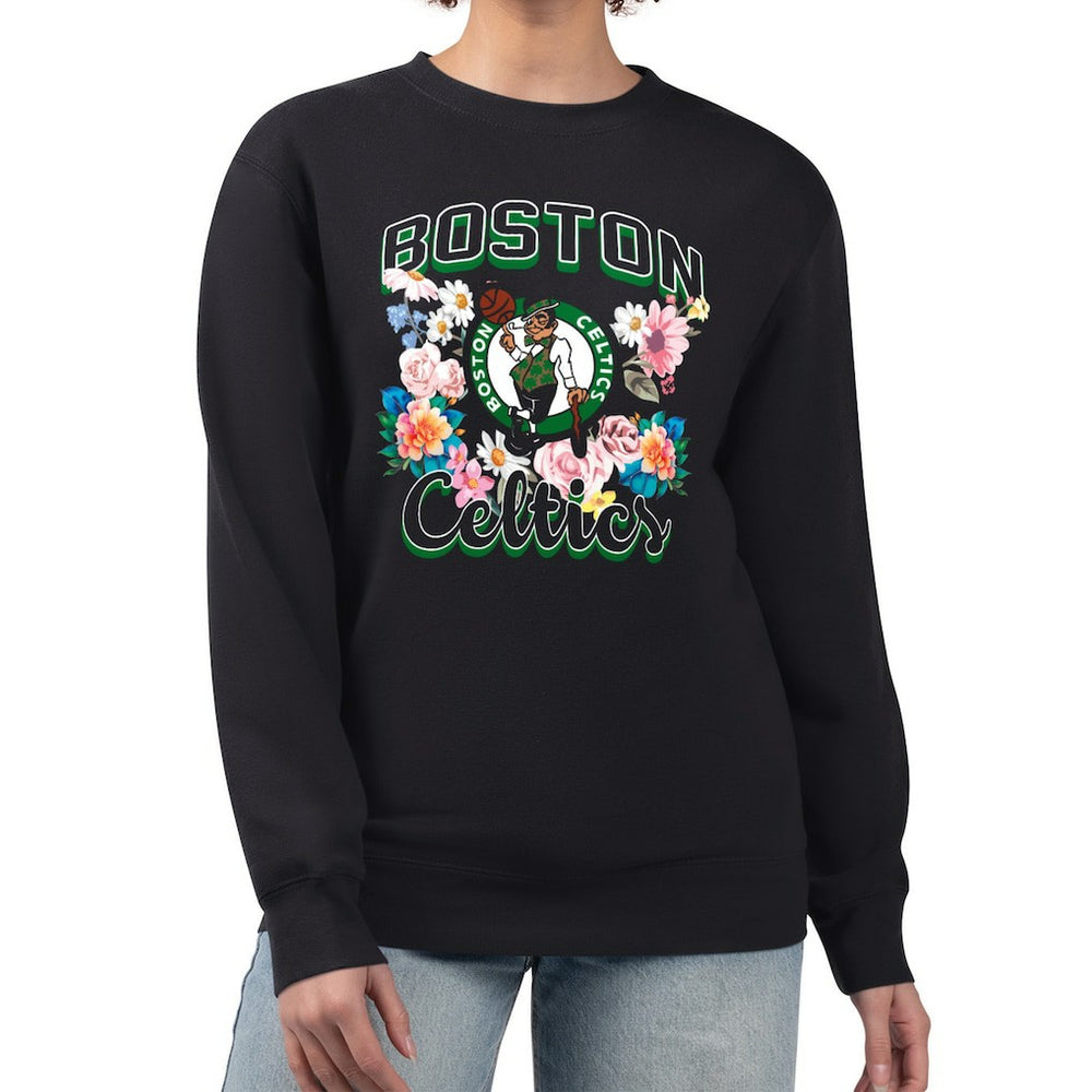 Black Boston Celtics G-III 4Her by Carl Banks Women's Flowers Team Logo Graphic Fleece Crewneck Pullover Sweatshirt | NBA