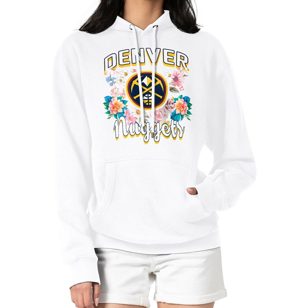 White Denver Nuggets G-III 4Her by Carl Banks Women's Flowers Team Logo Graphic Fleece Pullover Hoodie sale | NBA