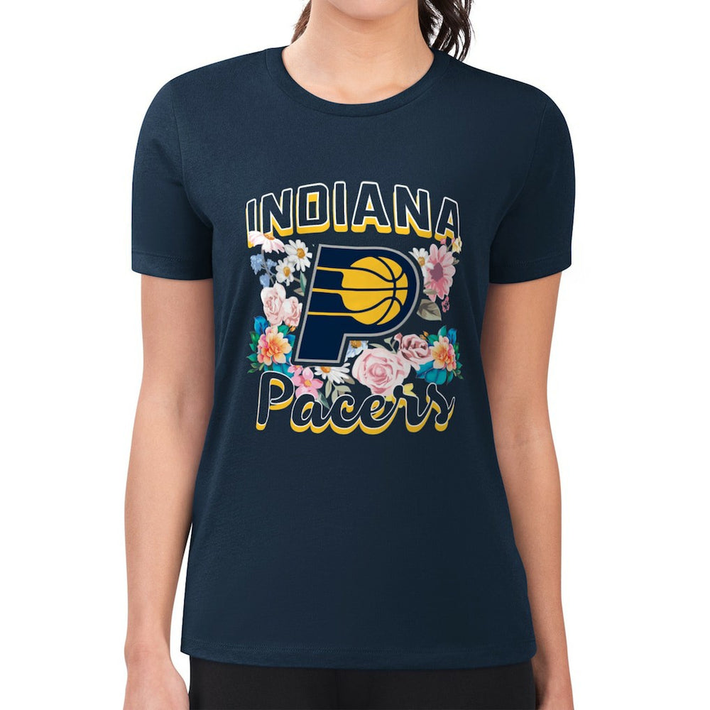 Navy Indiana Pacers G-III 4Her by Carl Banks Women's Super-Slim Fit Lightweight Flowers Team Logo Graphic T-Shirt | NBA
