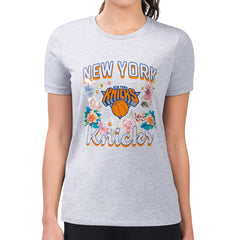 Heather Gray New York Knicks G-III 4Her by Carl Banks Women's Super-Slim Fit Lightweight Flowers Team Logo Graphic T-Shirt | NBA