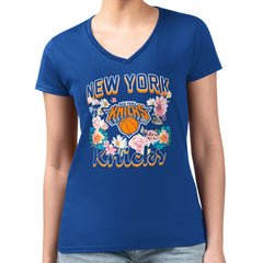 Blue New York Knicks G-III 4Her by Carl Banks Women's Super-Slim Fit Lightweight Flowers Team Logo Graphic V-Neck T-Shirt | NBA